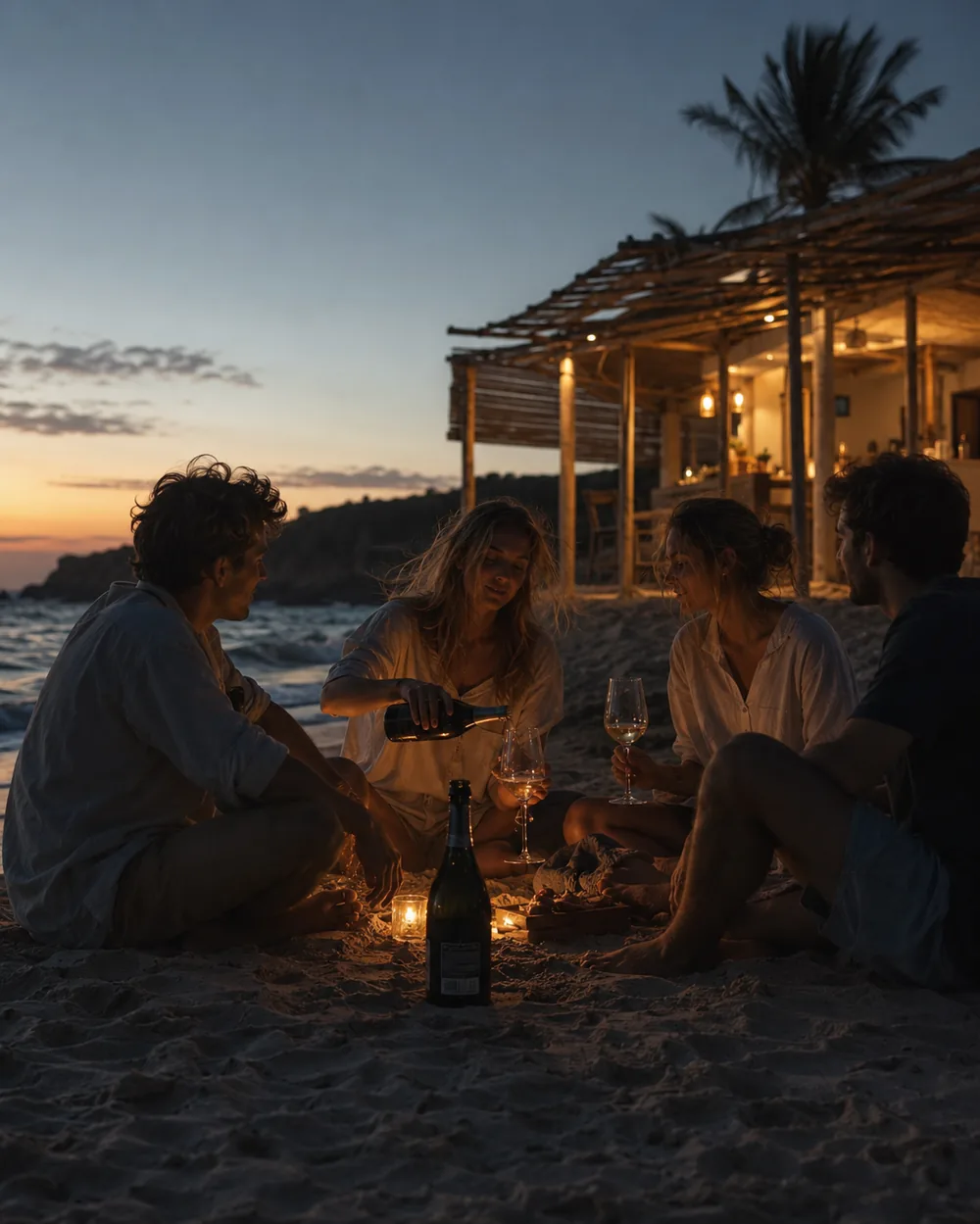 Amici seduti sulla sabbia al tramonto mentre viene versato un bicchiere di spumante