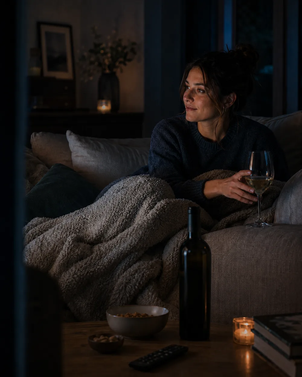 Donna avvolta in una coperta sul divano con un calice di vino bianco, telecomando sul tavolino
