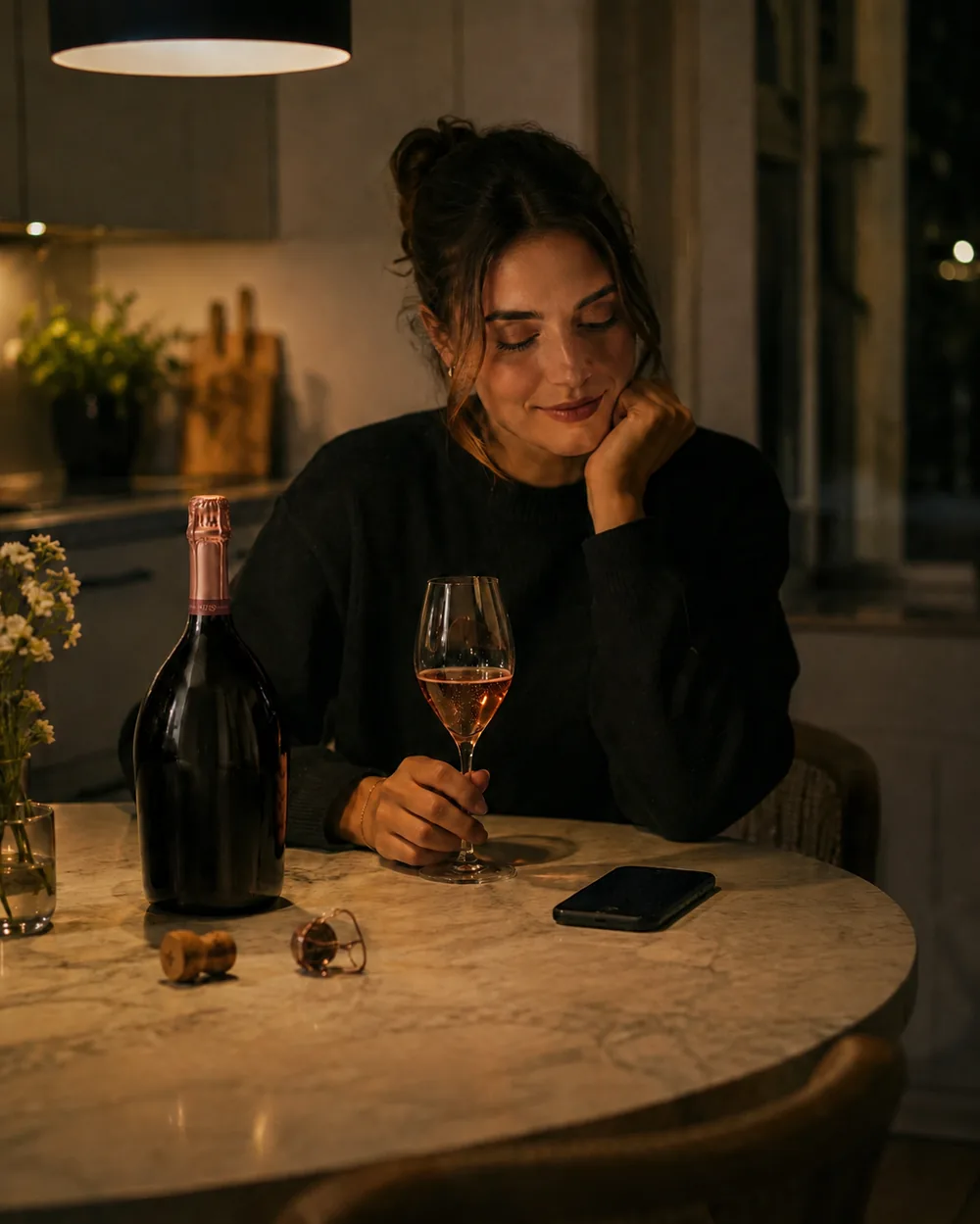 Donna sola in cucina con un calice di rosé, telefono appoggiato sul tavolo a schermo in giù